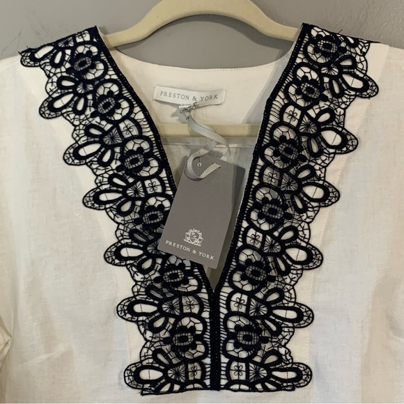 Preston & York white linen blend blouse with navy embroidered lace.‎ NWT Size 8 - Picture 4 of 9
